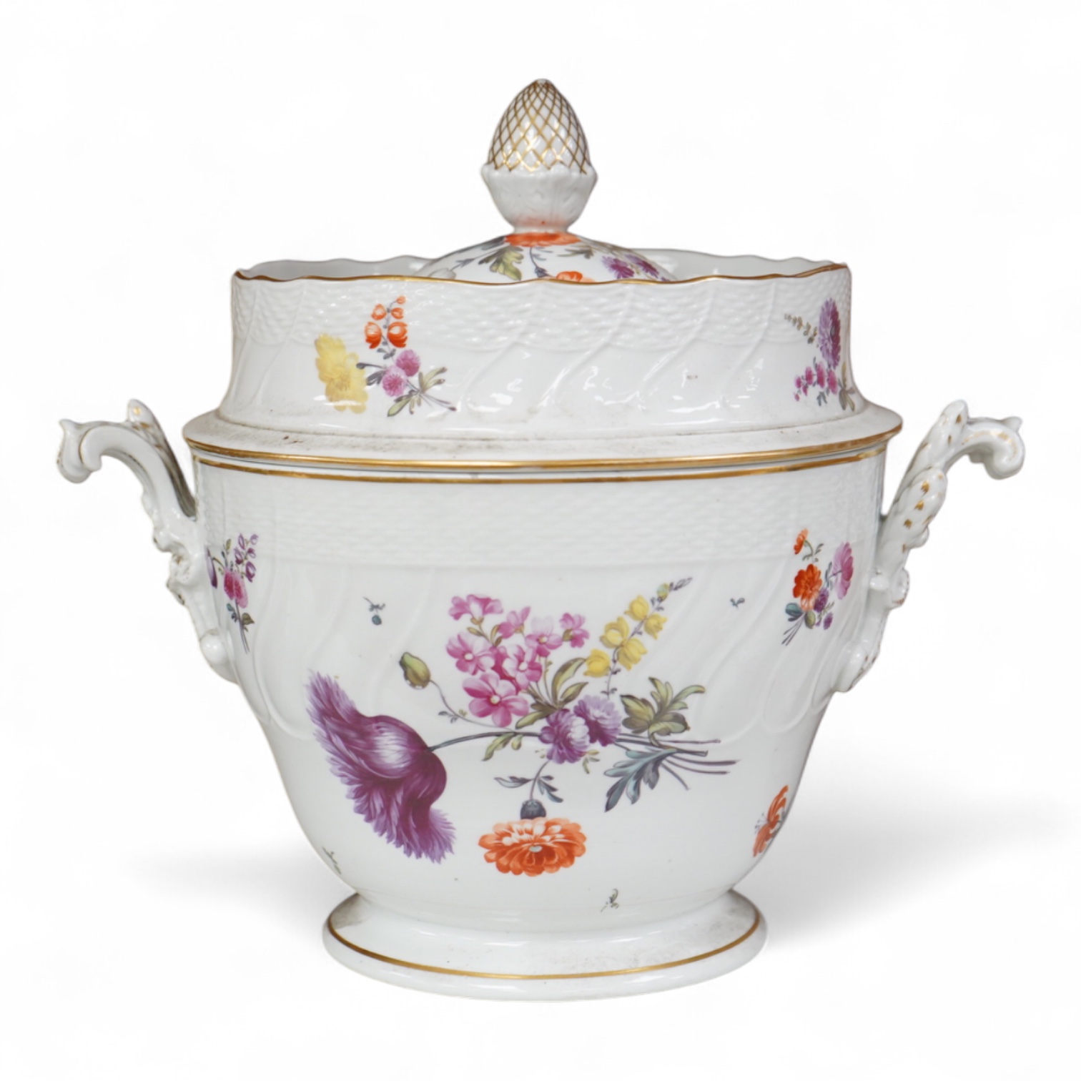 A late 18th/early 19th century English porcelain ice cream pail and cover, decorated with flowers, 27cm high